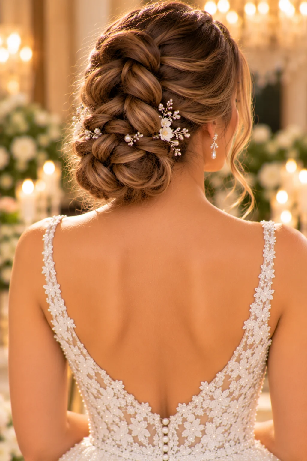 rear view bride puffed pull-through braid coiled into low bun three-dimensional sections warm indoor