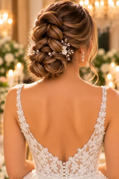 Pull-through braid into bun bridal hairstyle for long hair, three-dimensional puffed braid coiled into a low bun, romantic and intricate wedding updo