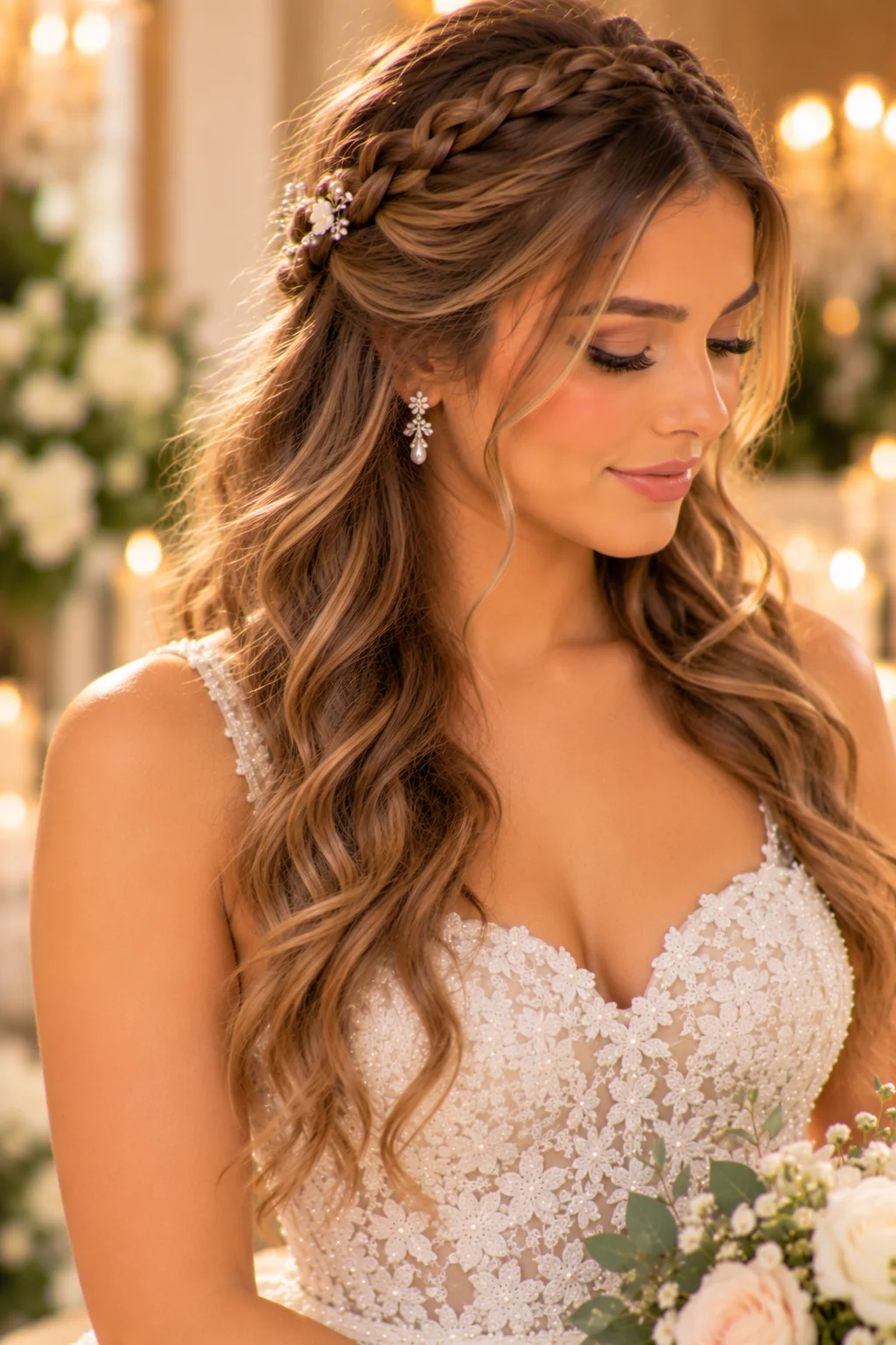 front three-quarter view bride single braid pinned across crown headband loose wavy hair warm indoor
