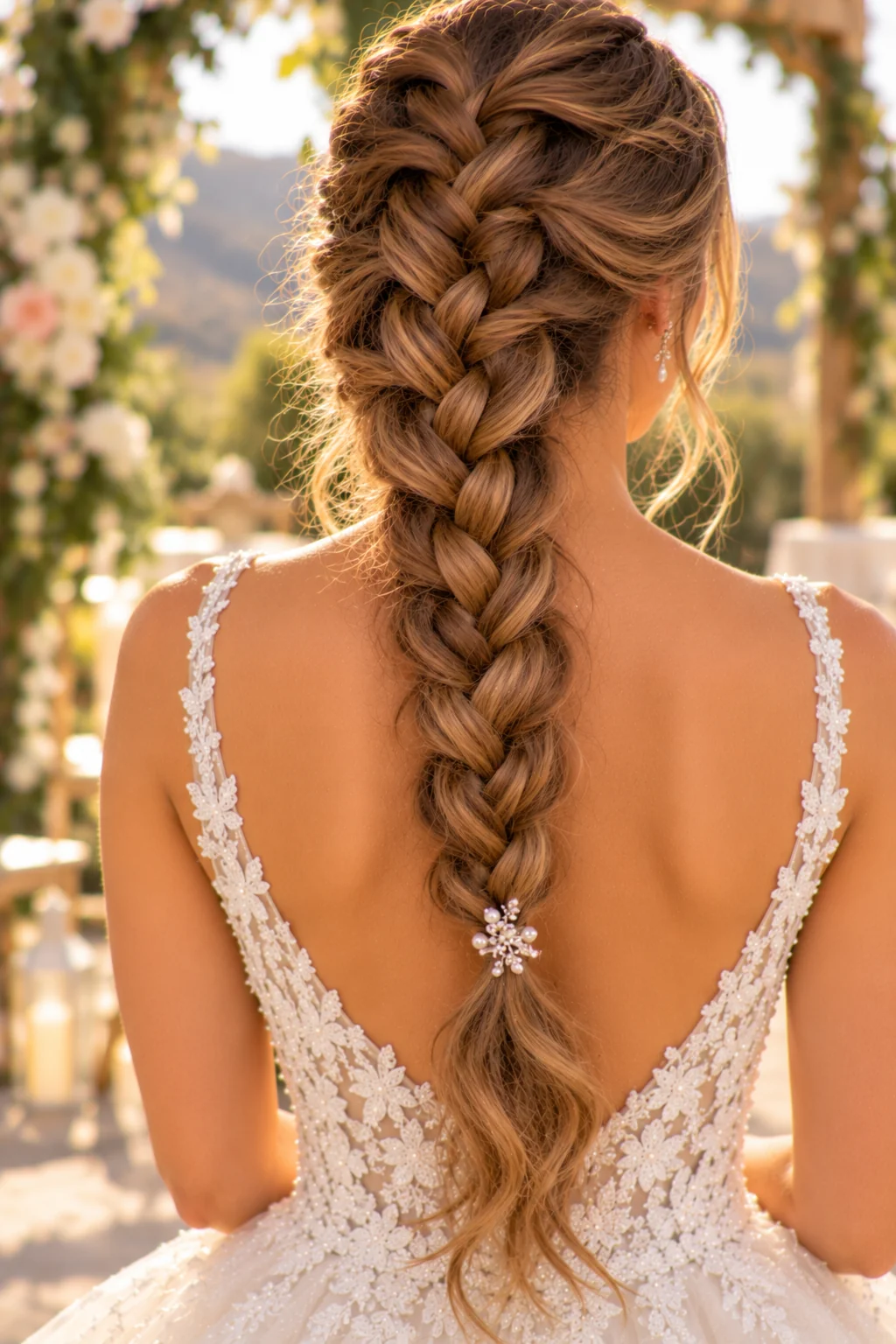 rear view bride wide four-strand braid down center back pearl pin outdoor bohemian ceremony