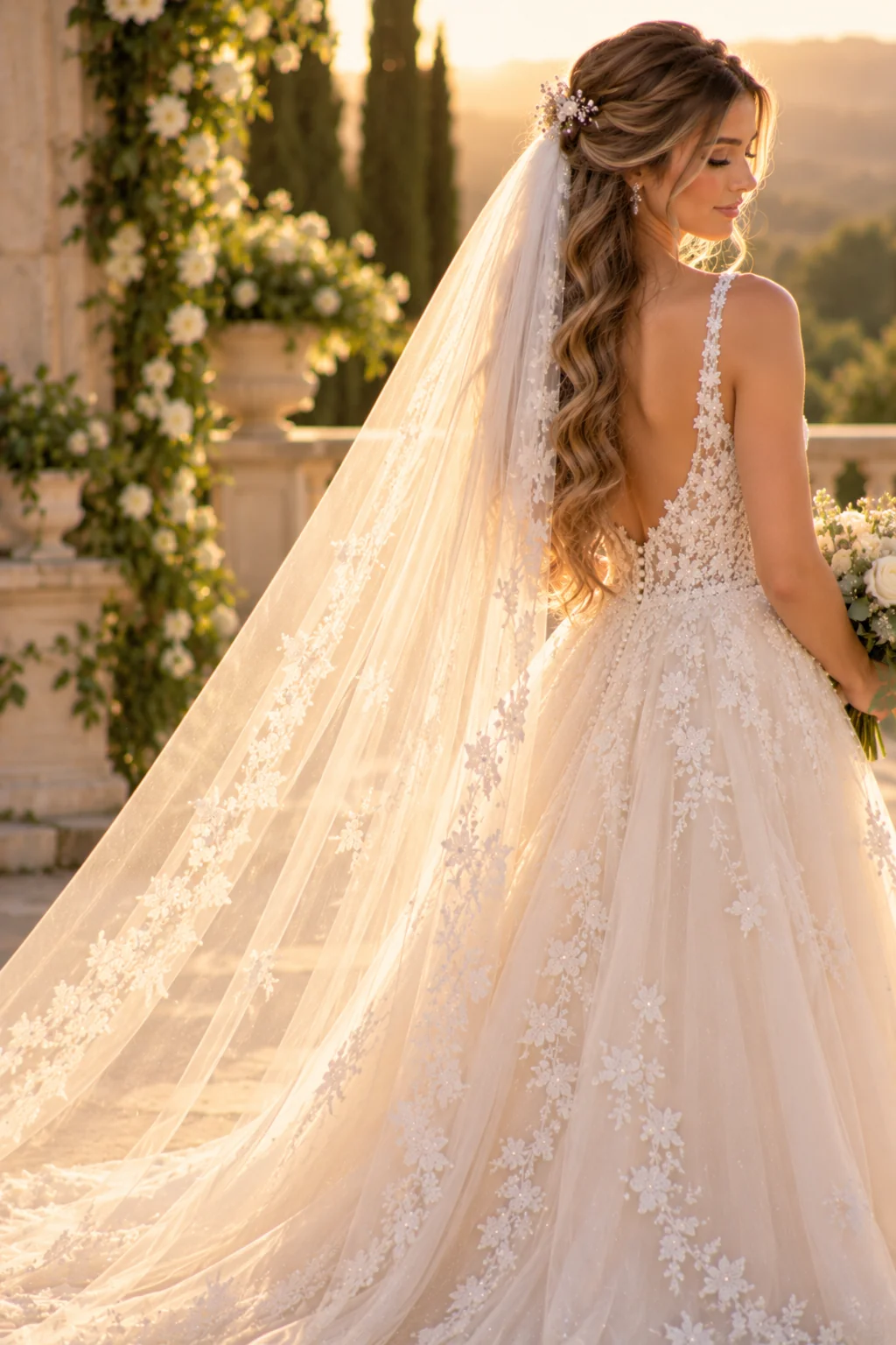 rear three-quarter view bride soft loose romantic waves cathedral-length veil flowing to floor golden hour