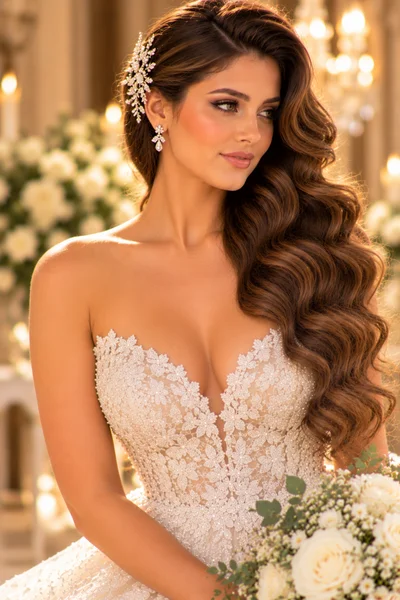 Deep side part waves bridal hairstyle for long curly hair, dramatic volume swept to one side creating a confident asymmetric silhouette, glamorous formal wedding