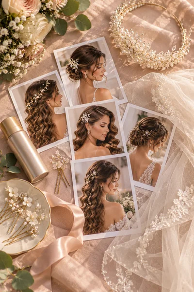 Flat lay of a bride's trial preparation — printed inspiration photos, a veil sample, a tiara, small floral pins, and a travel-size hairspray bottle.