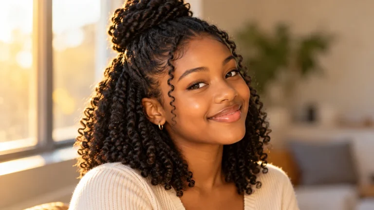 Cute twisted half-up bun hairstyle for teens — textured curly hair tutorial