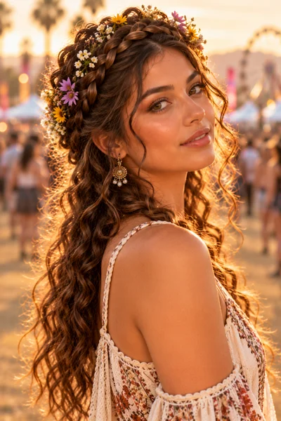 crown braid festival hairstyle on long curly hair wrapped ear to ear with dried flower accents bohemian outdoor