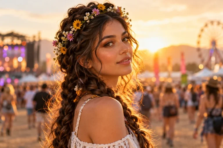boho double Dutch braid hairstyle worn at outdoor music festival with flower crown golden hour