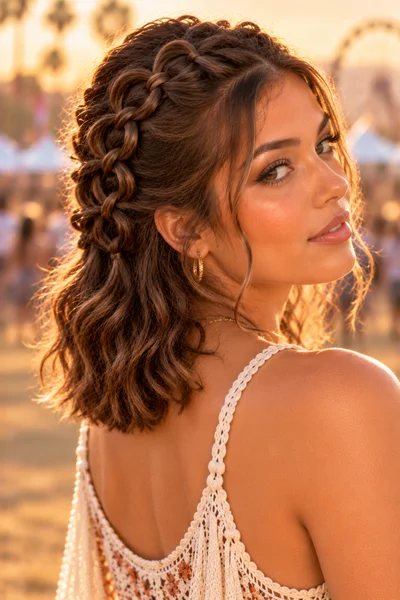 infinity braid festival hairstyle on shoulder length hair interlocking figure eight pattern flat against head