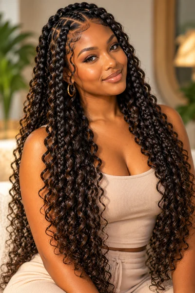 feed-in goddess braids hairstyle with full volume and graduated roots on natural hair