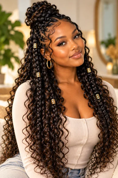half-up goddess braids with top bun and loose braids hanging down with curly ends