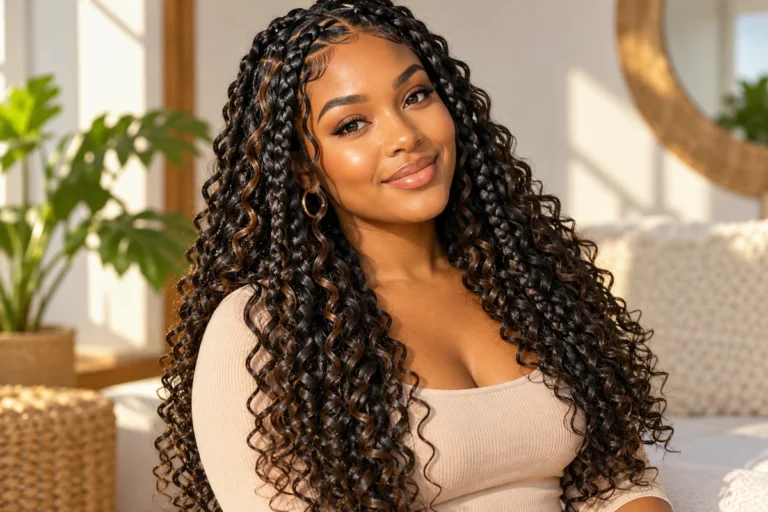 goddess braids hairstyle with curly ends on natural 4b/4c hair — medium-length protective style