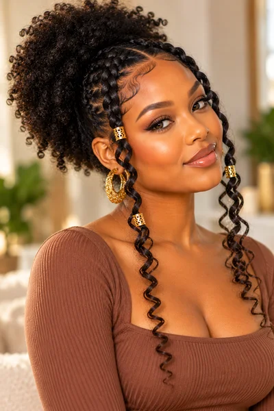 goddess braids with loose natural hair hybrid style — two braids framing face with natural puff