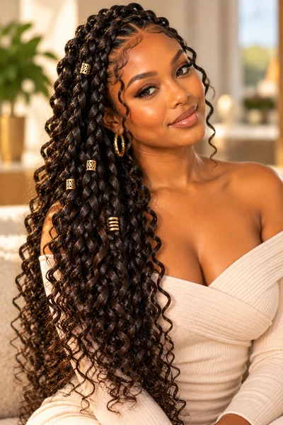 side-swept goddess braids with all braids swept to one shoulder and loose curly ends