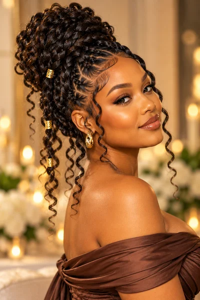 goddess braids updo for weddings with high bun and gold cuff accessories