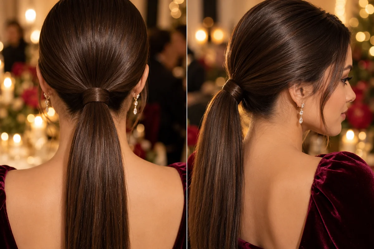 sleek low ponytail holiday party hairstyle with hair wrapped around elastic at the nape