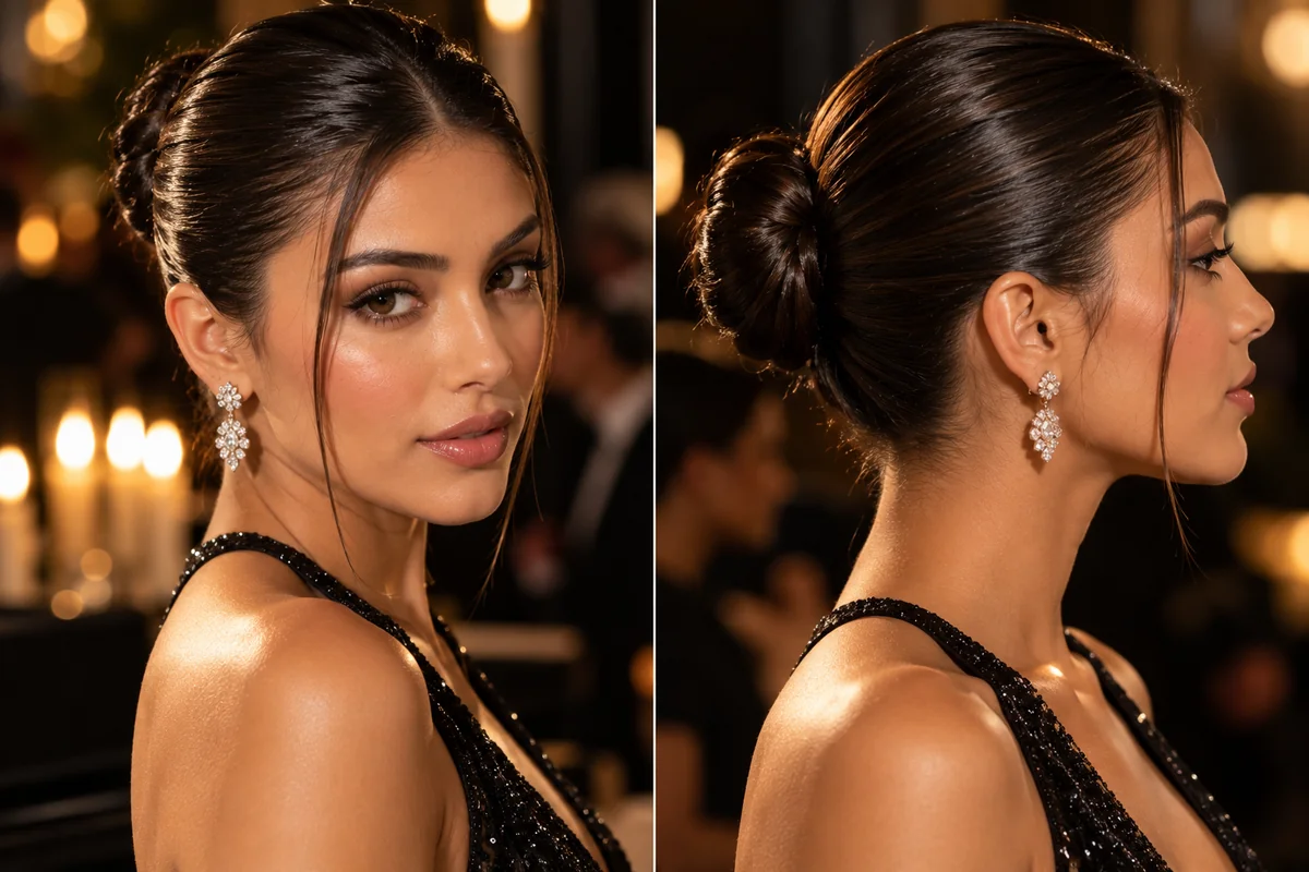 slicked-back wet-look bun holiday hairstyle with glossy strong-hold gel finish