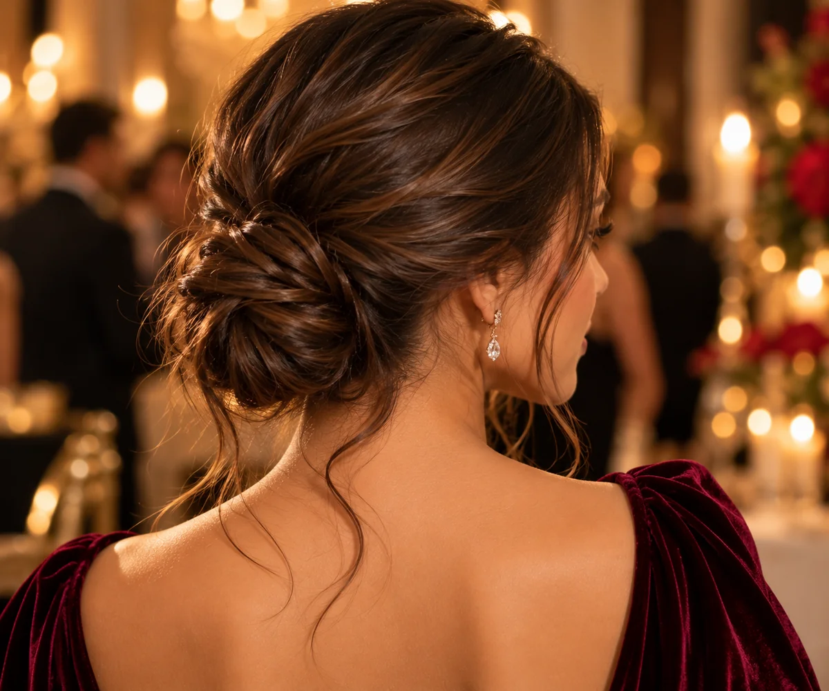 loose low chignon holiday party hairstyle at the nape soft knot with natural texture