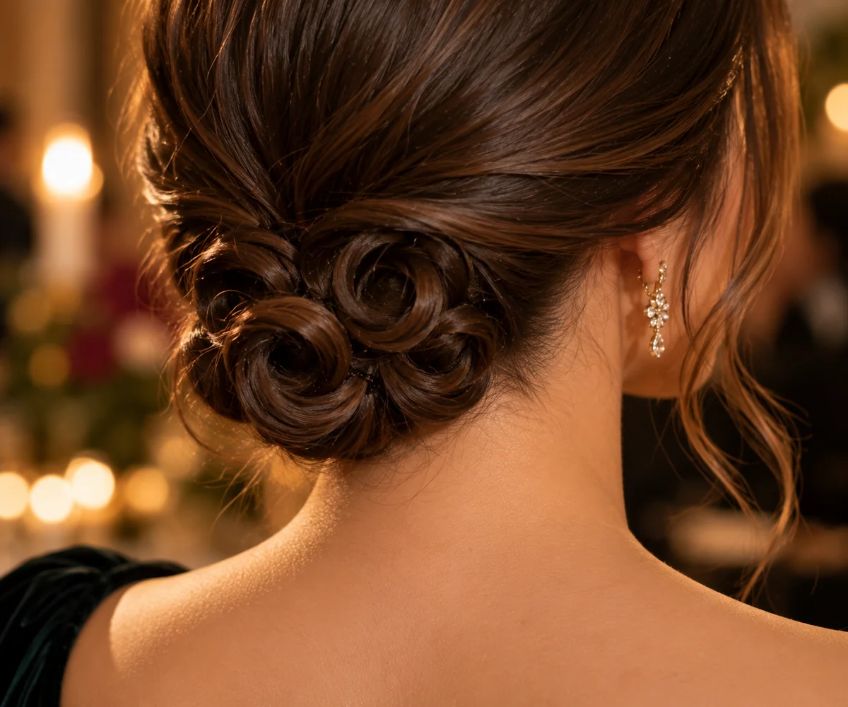 pin-curl cluster at the nape holiday hairstyle small decorative loops on fine hair