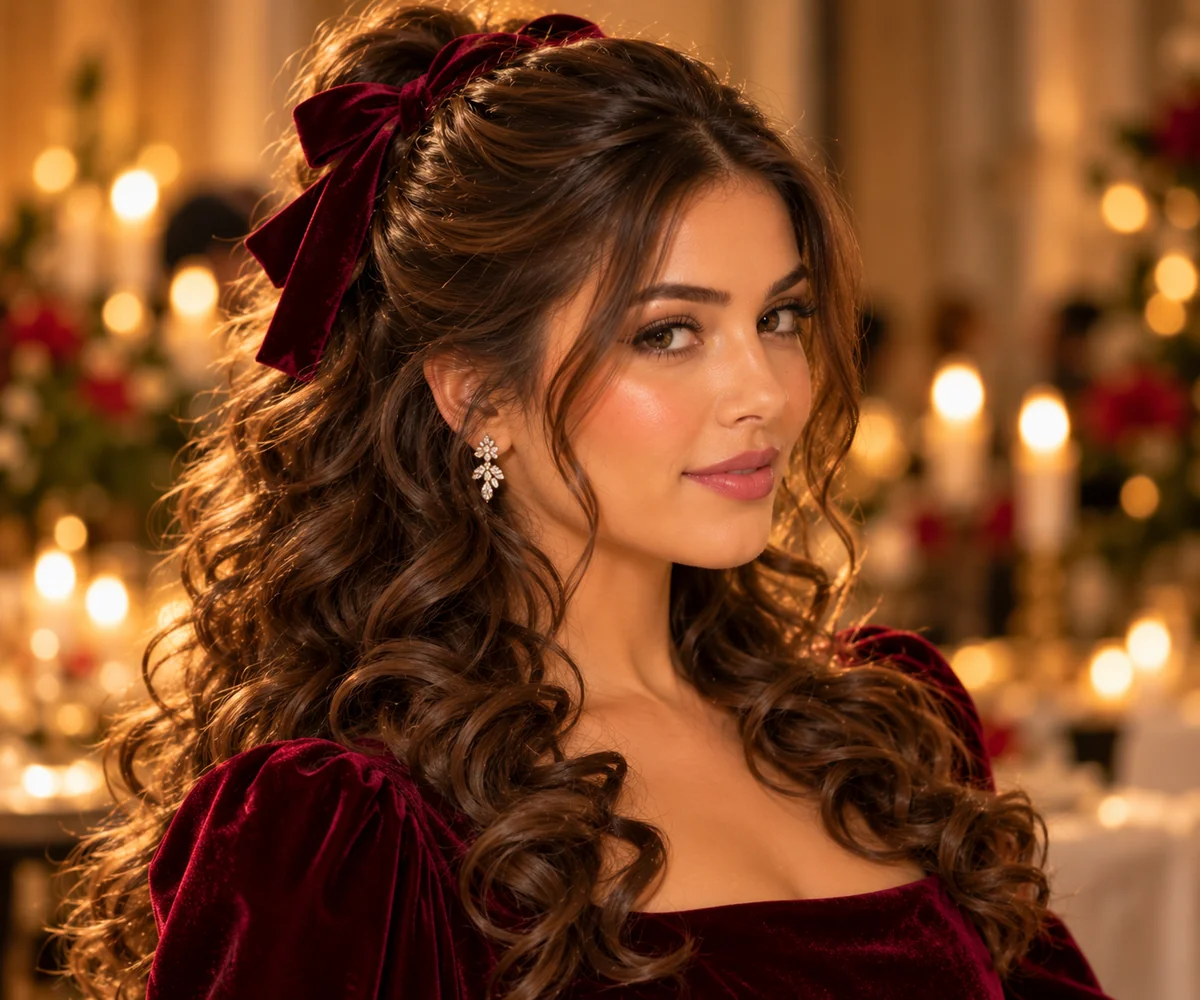 half-up half-down holiday hairstyle with curls and deep burgundy velvet ribbon bow