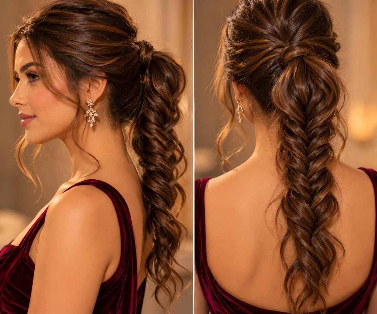 fishtail ponytail holiday hairstyle with intricate braid texture romantic flowing effect