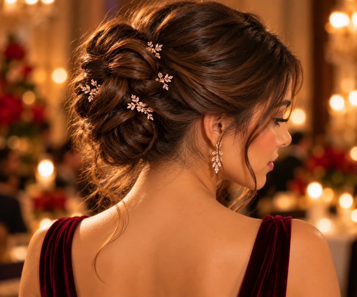 twisted updo holiday hairstyle with rose-gold sparkle pins placed throughout as decoration