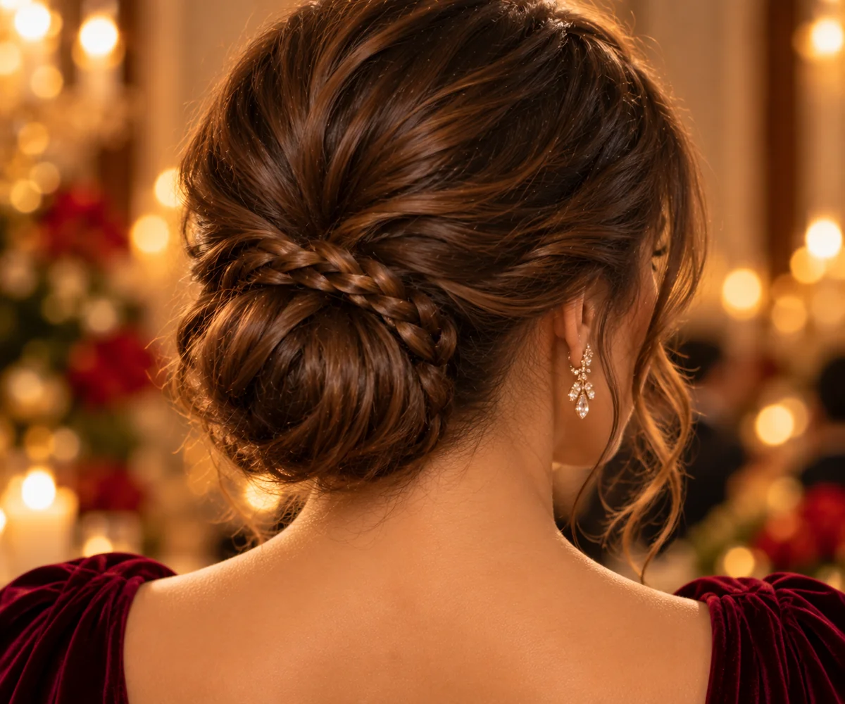 low chignon with braided detail holiday hairstyle single thin braid wrapped around bun