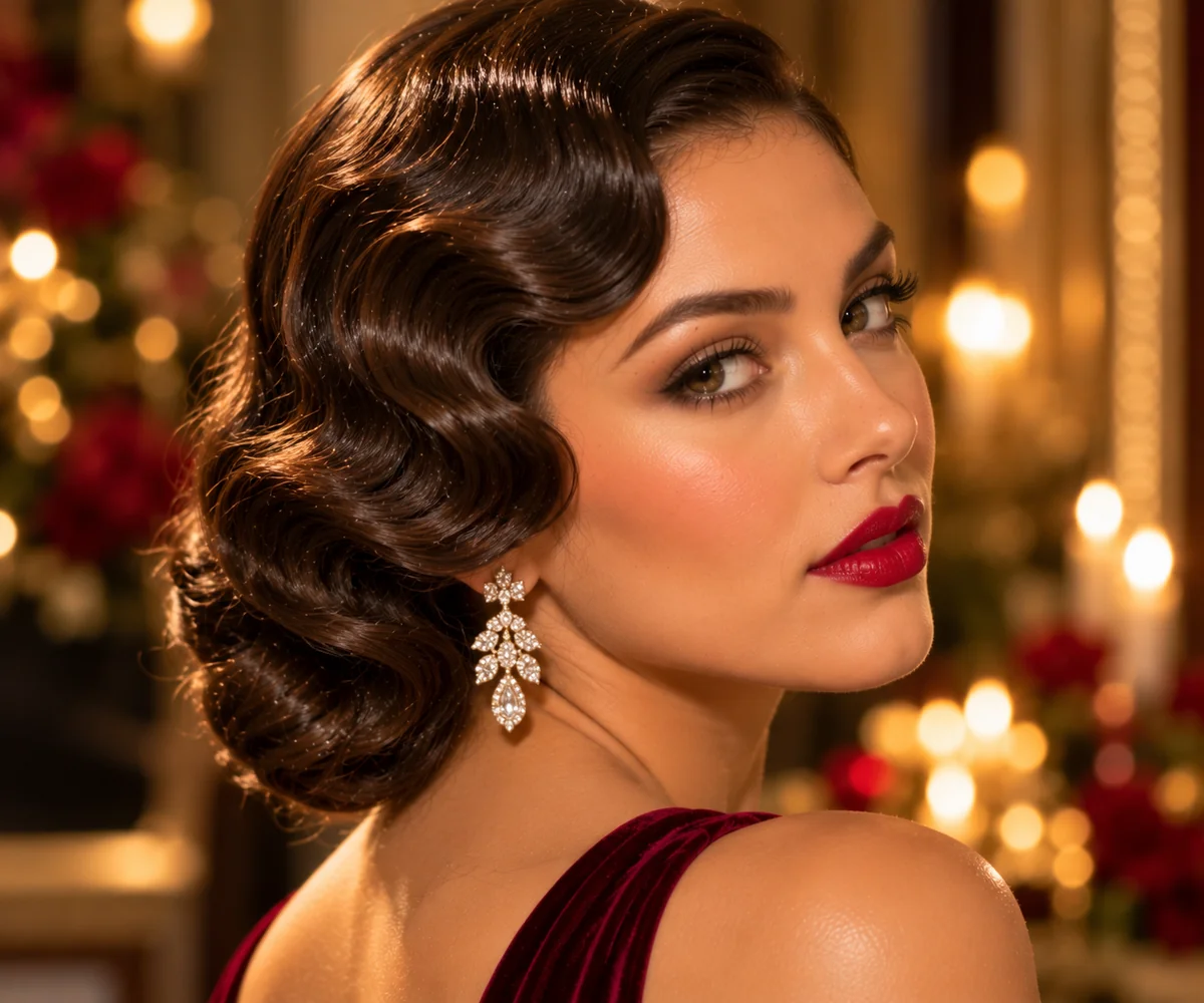 Old Hollywood finger waves holiday hairstyle sculpted close to the scalp glossy surface