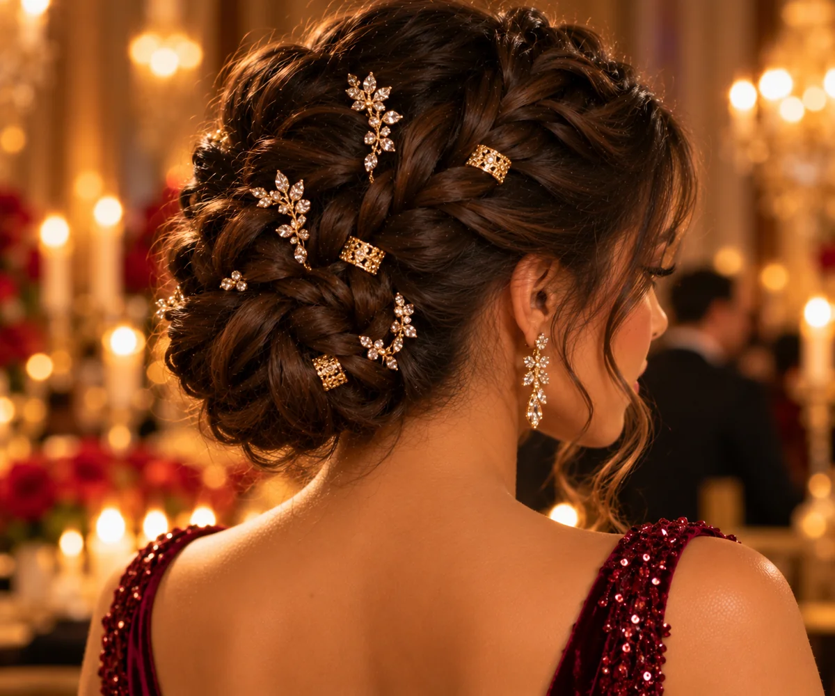 full braided updo holiday hairstyle with jeweled pins gold cuffs and sparkle clips