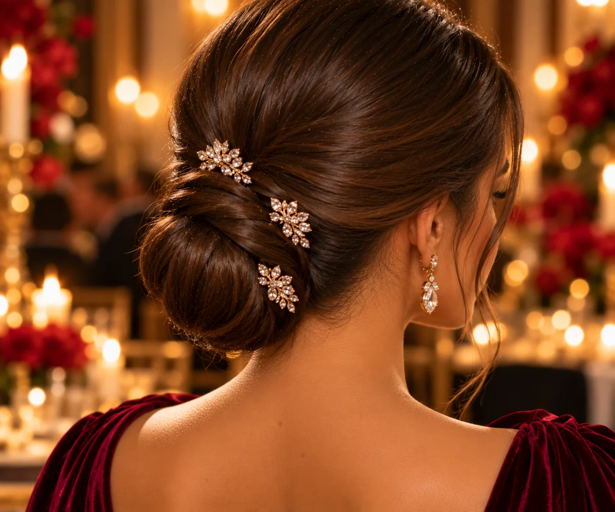 sleek chignon with jeweled pins holiday hairstyle ultra-smooth polished bun at the nape