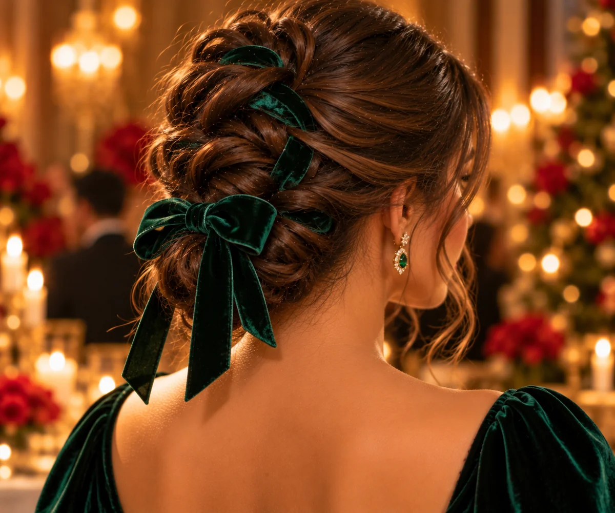 textured updo with emerald velvet ribbon holiday hairstyle generous bow at the back