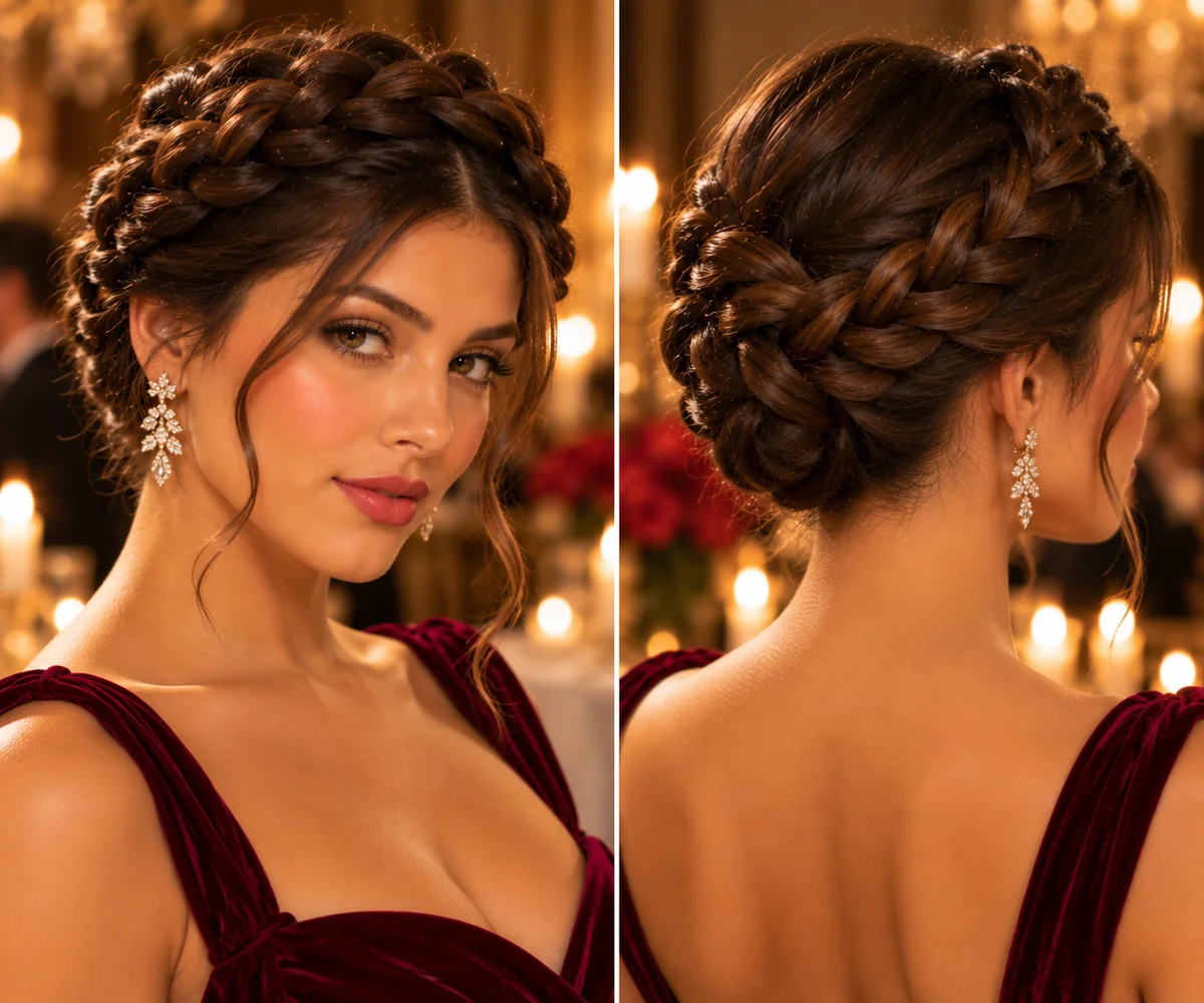 braided halo updo holiday hairstyle two braids wrapped around the head seamlessly