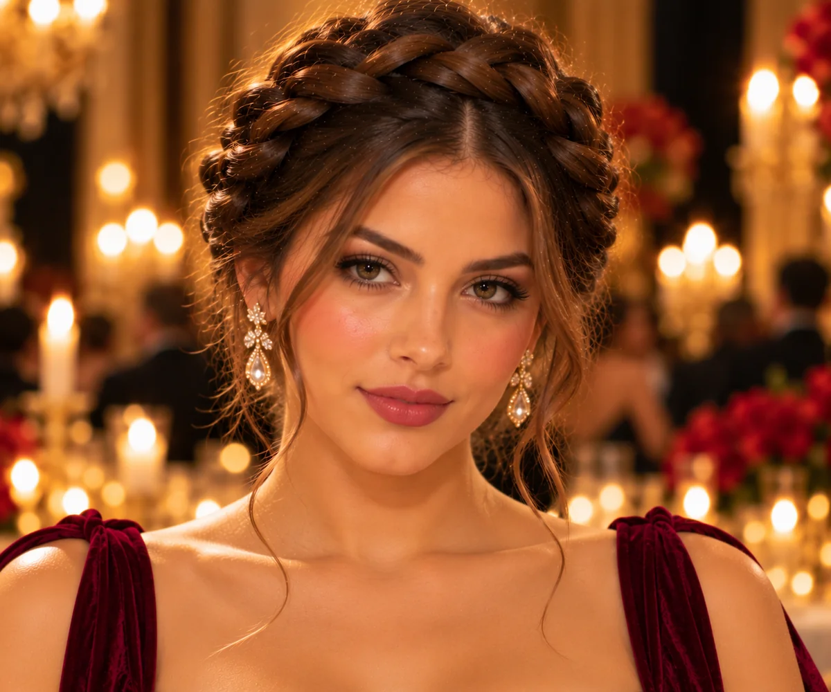 twisted crown braid holiday hairstyle two twisted sections wrapping around the head soft crown effect