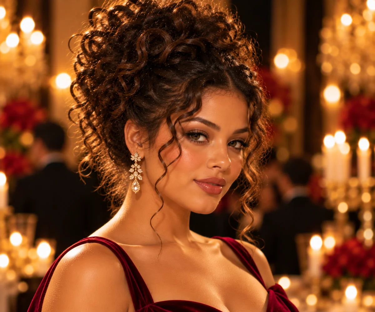 voluminous curly updo holiday hairstyle natural texture curls expanding above the crown gala showstopper